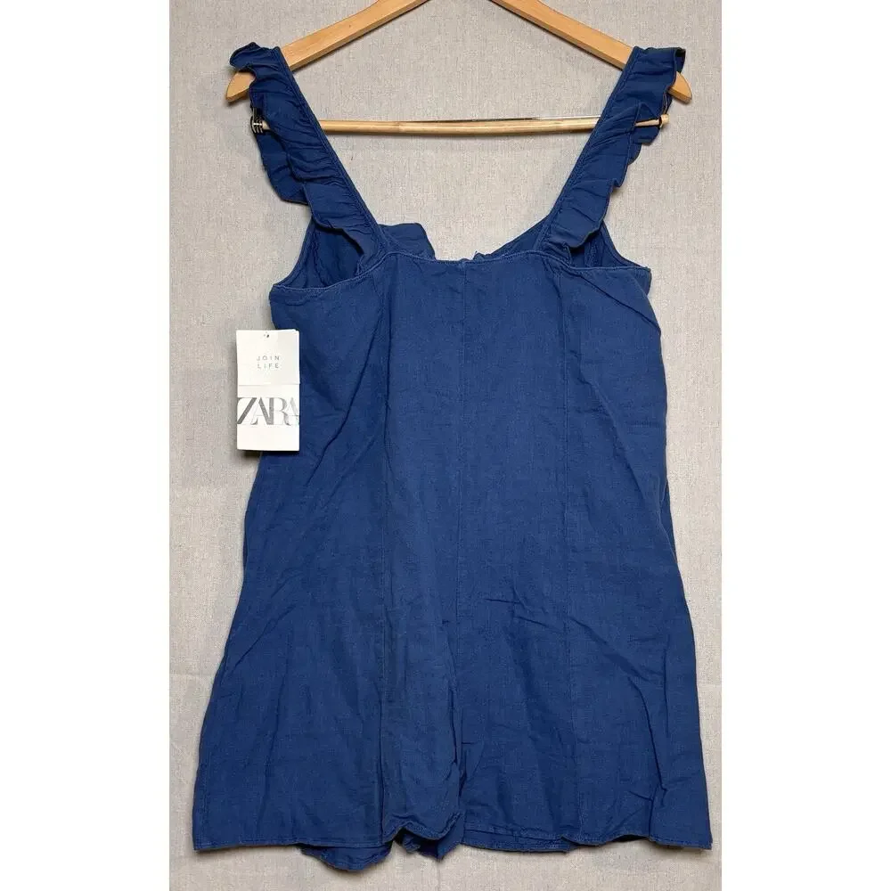 ZARA JUMPSUIT Woman BLUE RUSTIC Sleeveless Short Linen V Neck Size L NWT‎
